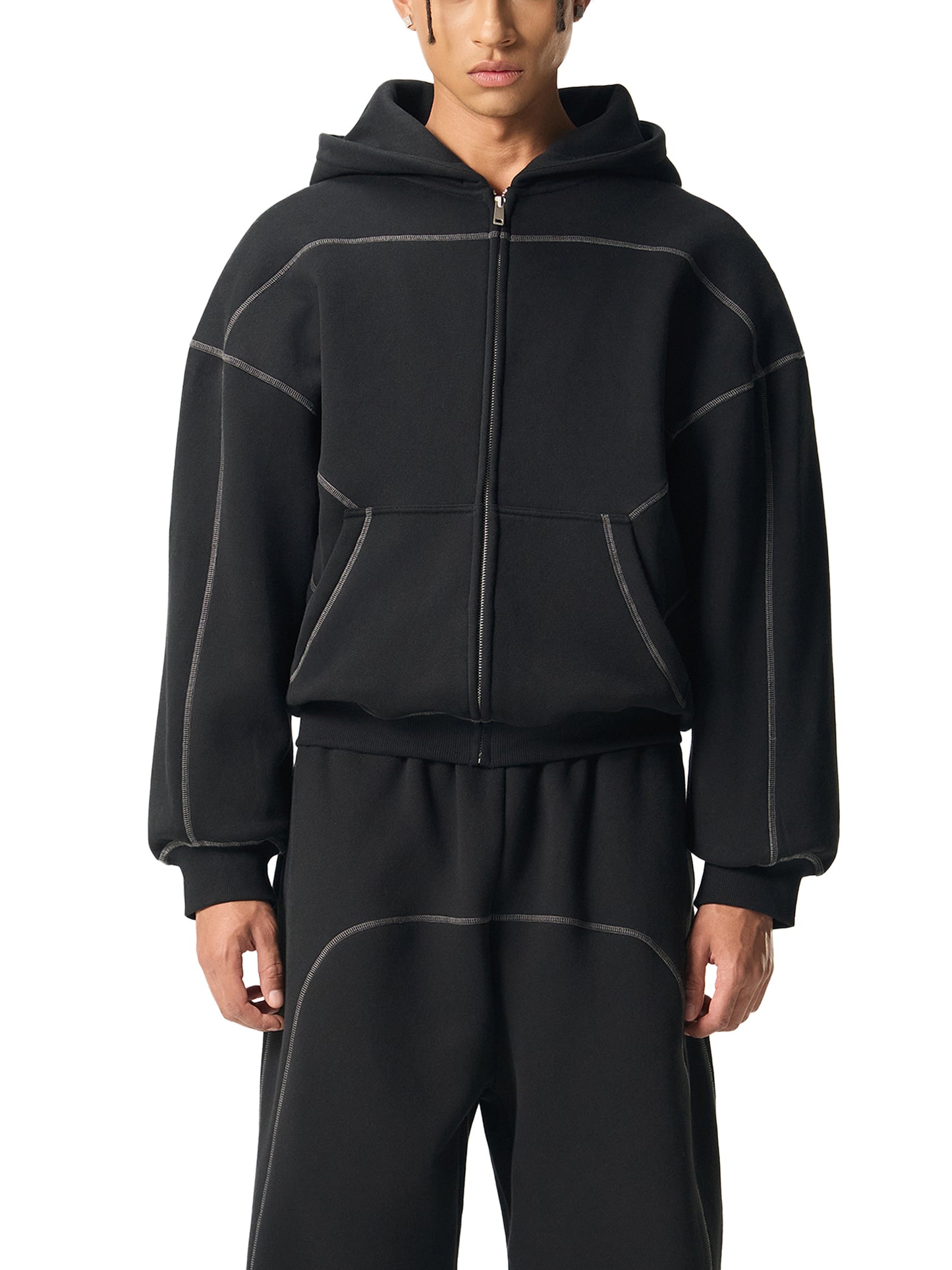 Contrast-Stitched Boxy Fleece Zip Hoodie